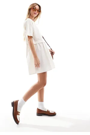 Miss Selfridge Short sleeve t-shirt poplin hybrid smock mini dress in cream