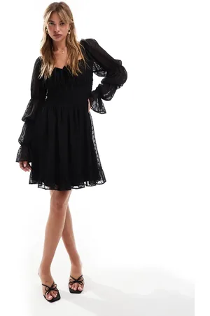 ASOS Dobby milkmaid long sleeve sleeve shirred waist mini dress in