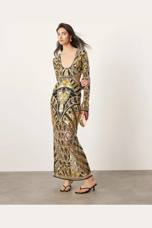 ASOS Embellished long sleeve sequin cut work plunge neck maxi dress in and gold