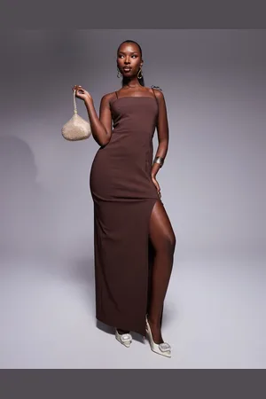 Vesper Strappy bow shoulder thigh split maxi dress in chocolate