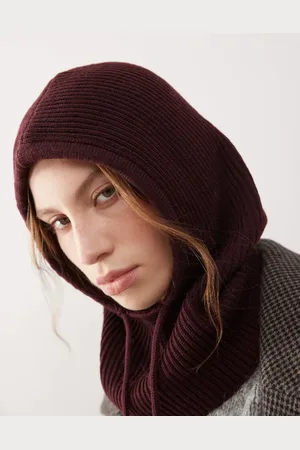 Monki Knitted hooded balaclava in burgundy