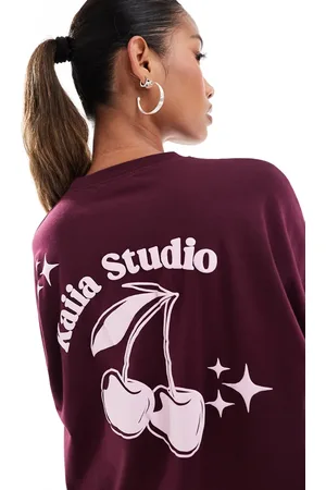Kaiia Oversized cherry back print t-shirt co-ord in burgundy