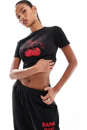 Kaiia Bow cherry motif cropped baby tee co-ord in