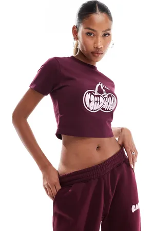 Kaiia Cropped cherry motif baby tee co-ord in burgundy