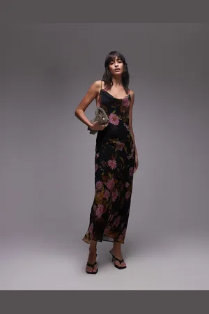 Topshop Twist back cowl neck midi slip in pink and lime floral