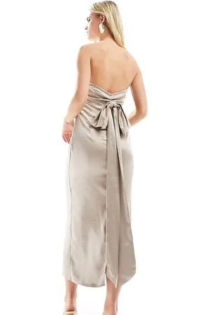 In The Style Bandeau satin bow detail midi dress in mocha