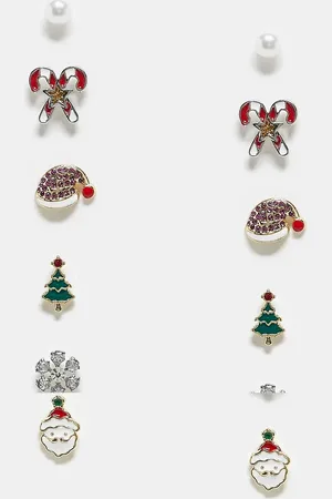 Pieces® Christmas 6 pack santa stud earrings in multi