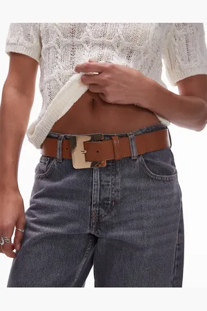 MANGO Large square buckle leather belt in