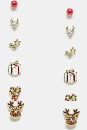 Pieces® Christmas 6 pack reindeer stud earrings in multi