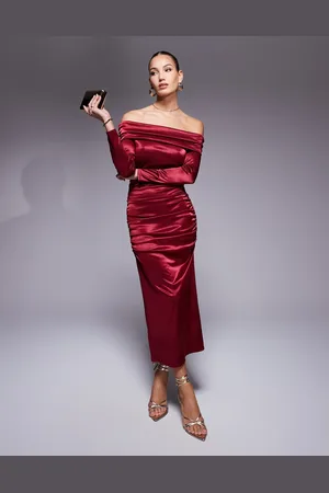 True Violet Bardot long sleeve ruched satin midi dress in wine