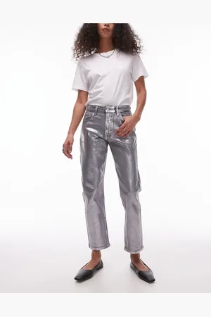 Topshop Silver foil cropped mid rise straight jeans in