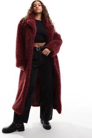 COLLUSION Longline maxi fur coat in burgundy