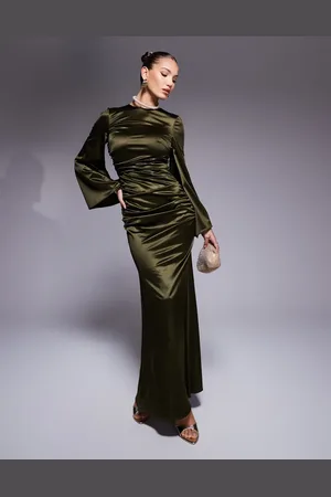 True Violet Satin angel sleeve maxi dress in khaki
