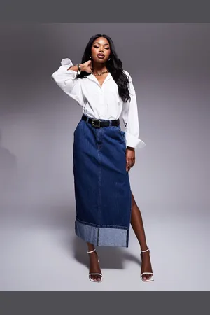 Kaiia Turned up hem maxi skirt in indigo wash