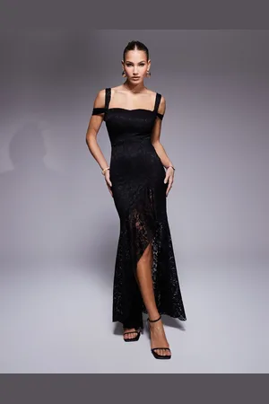 True Violet Asymmetric lace ruffle gown in