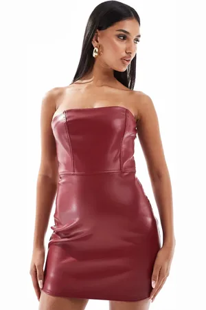 Kaiia Bandeau leather look mini dress in burgundy