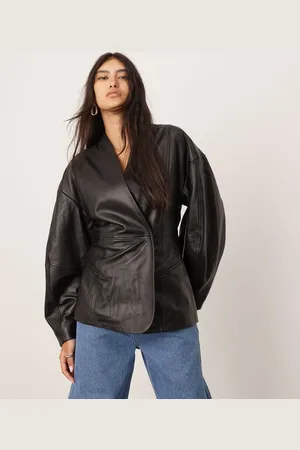ASOS Soft leather jacket with ovoid sleeve and cinched waist in
