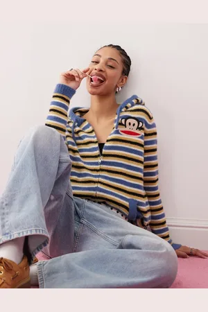 Daisy Street X Paul Frank striped fluffy zip through knitted top