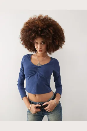 Reclaimed Long sleeve scoop neck top in washed navy