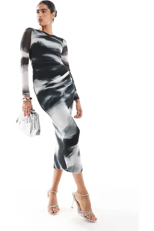 Style Cheat Long sleeve mesh midi dress in mono marble print
