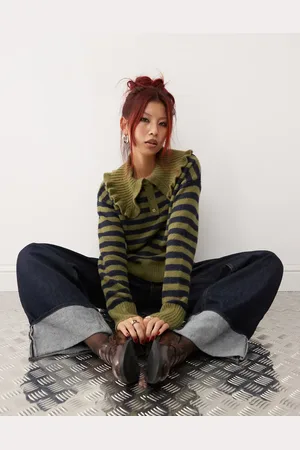 Monki Long sleeve collar polo knitted sweater in khaki stripe