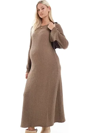 Mama;licious Mamalicious Maternity textured maxi dress with flared sleeve in taupe