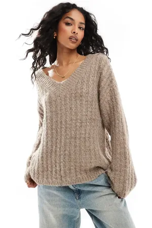 Pieces® Open v neck jumper in taupe