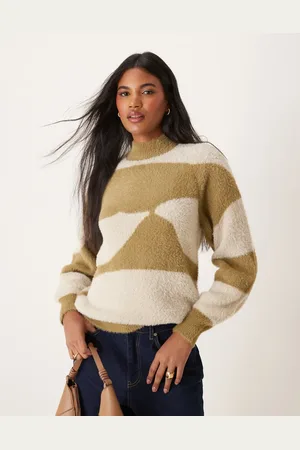 VILA High neck fluffy jumper in olive and cream print