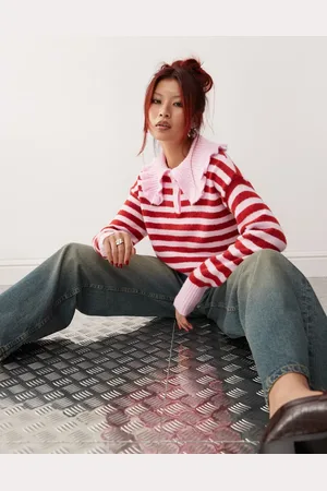 Monki Long sleeve collar polo knitted sweater in stripe
