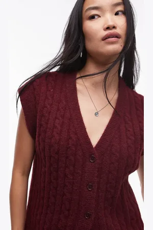 Topshop Knitted cable waistcoat in burgundy