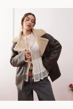 Miss Selfridge Contrast borg faux leather jacket in