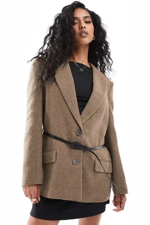 ASOS Oversized strong shoulder belted blazer in herringbone