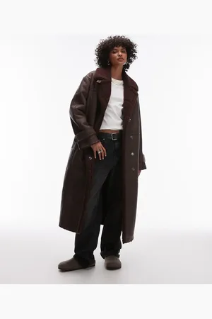 Topshop Faux leather shearling long aviator jacket in burgundy