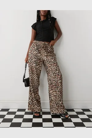 Monki Wide leg satin trousers in leopard print