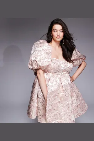 ASOS Curve jacquard puff sleeve mini dress with embellished bust detail in