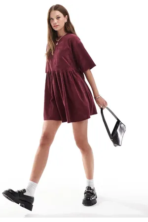 ASOS Cord t-shirt mini dress in burgundy
