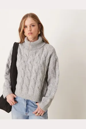 Miss Selfridge Cable high neck cosy knit jumper in charcoal marl