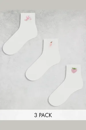 Monki 3 pack ankle socks in white with pink embroidery motifs