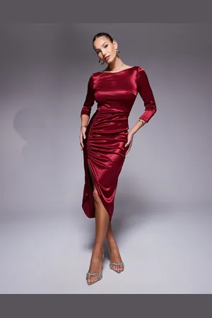 True Violet Long sleeve ruched slinky midi dress in burgundy