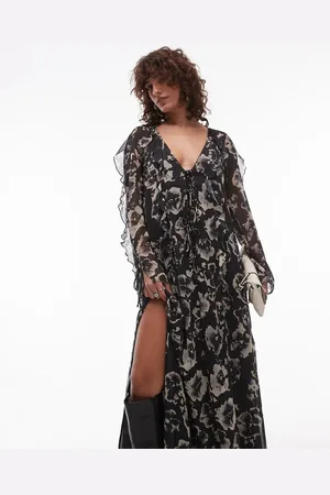 Topshop Long sleeve ruffle midi dress in mono floral