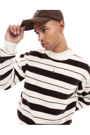 JACK & JONES Oversized fluffy striped crew neck jumper in beige