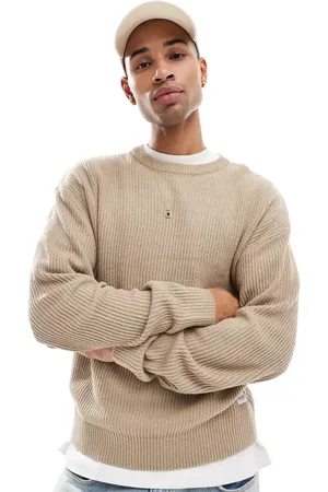 JACK & JONES Oversized ribbed fisherman crew neck jumper in beige