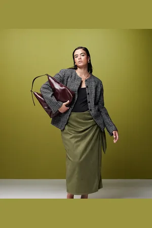 ASOS ASOS DESIGN Curve tie detail wrap suedette maxi skirt in khaki