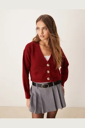 Miss Selfridge Seam detail boxy cardigan in burgundy