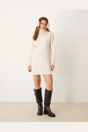 New Look Roll neck knitted mini dress in cream
