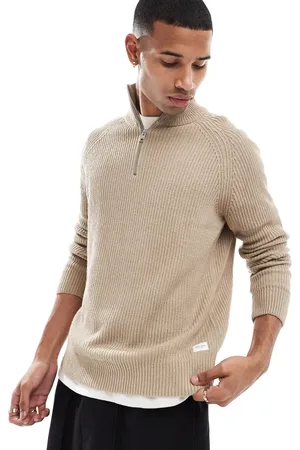 JACK & JONES Ribbed fisherman quarter zip jumper in beige
