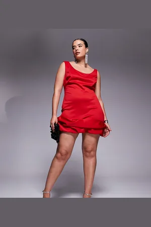 ASOS ASOS DESIGN Curve super scoop bardot mini dress with scrunch detail hem in