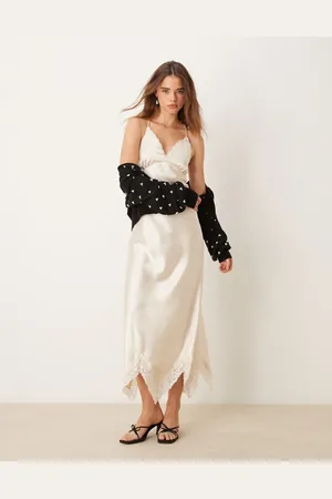 Miss Selfridge Satin maxi dress with lace insert in ivory