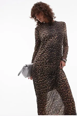 Topshop Sheer crinkle high neck long sleeve dress in leopard print