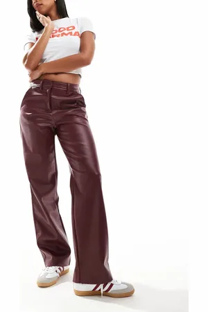 ONLY High waist faux leather trousers in burgundy